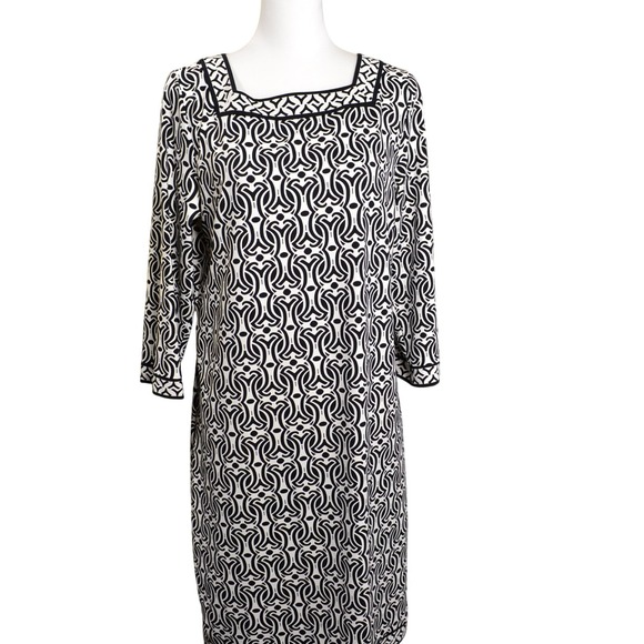 Talbots Dresses & Skirts - Talbots Black & White Geometric Print Dress Women's Size L Knee Length 3/4 Sleev